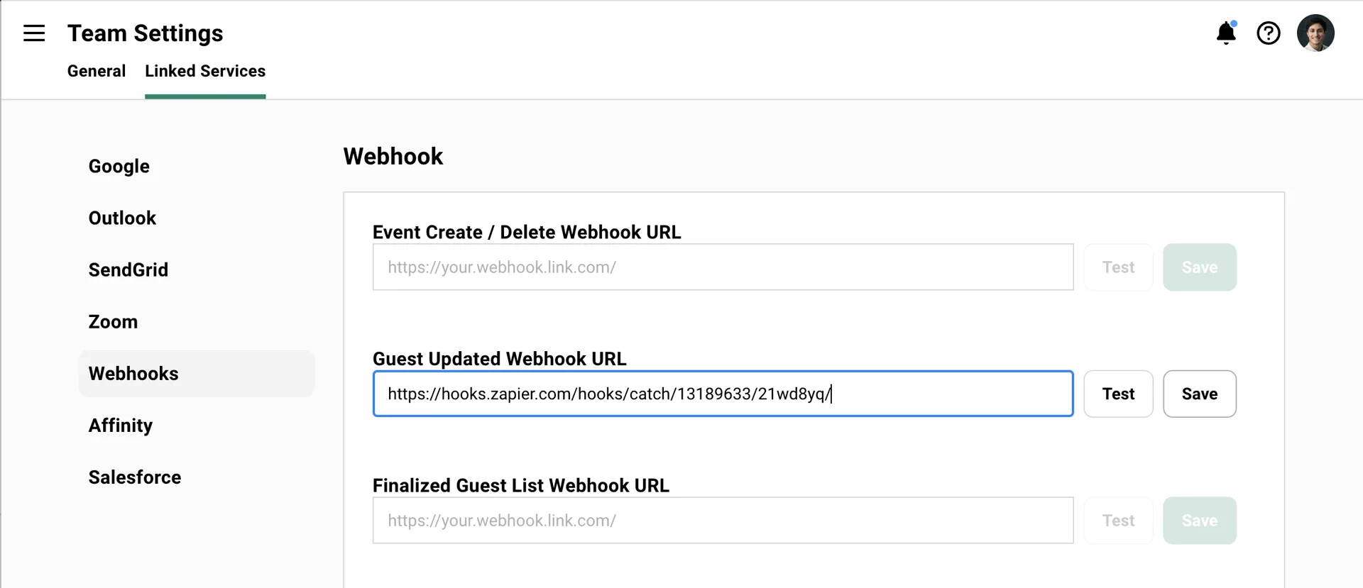 Screenshot from Gatsby showing where to paste webhook URLs